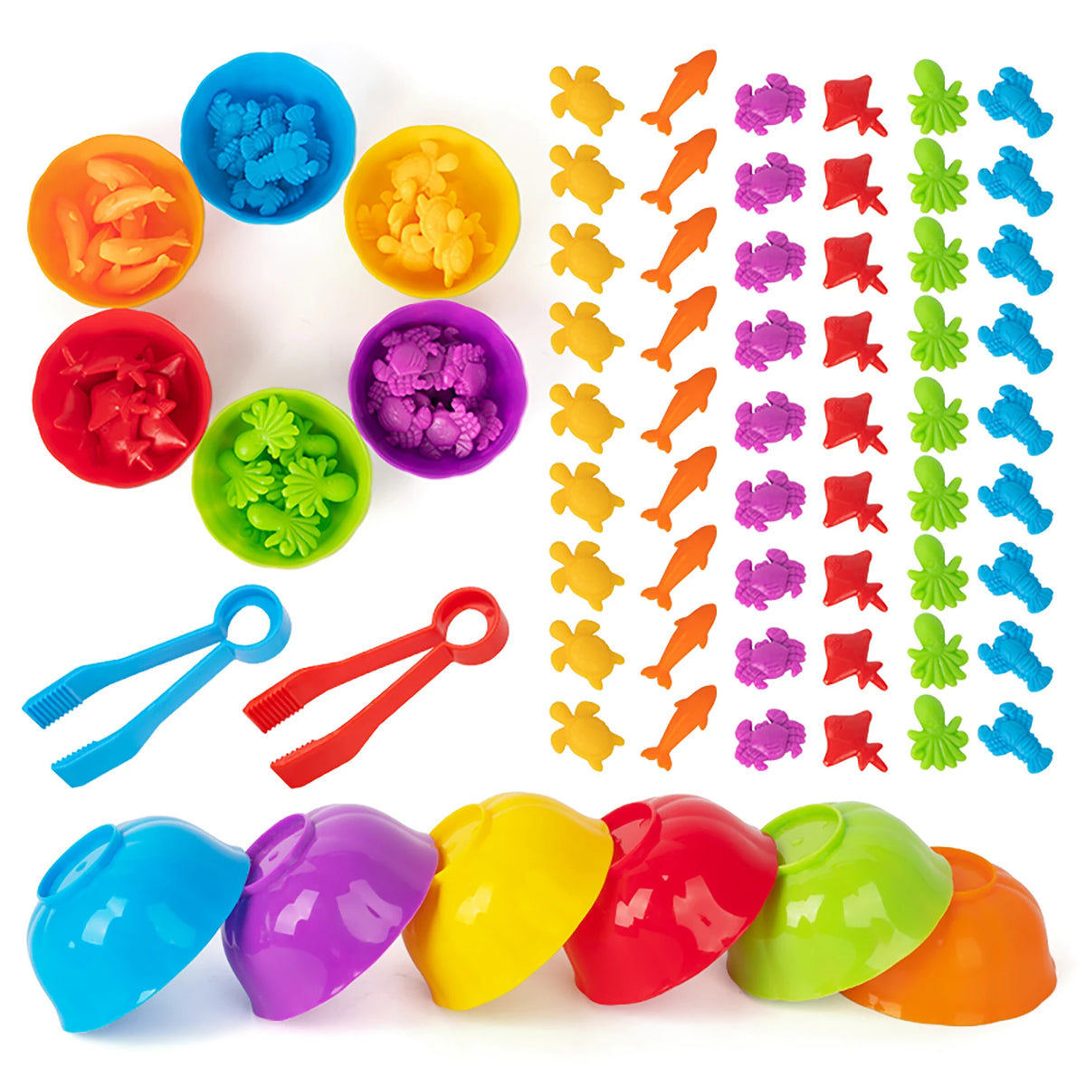A set of colorful plastic animal toys and sorting bowls for early math and color learning.