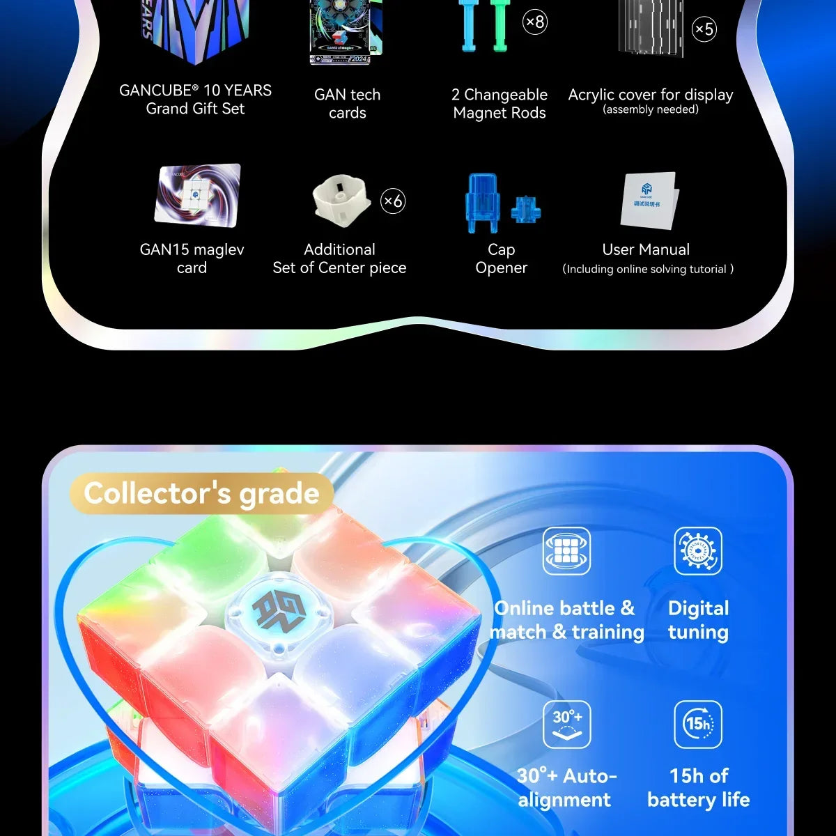 A set of magnetic speed cubes including a magnet card, center piece, magnetic rods, cap opener, user manual, and accessories.
