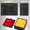 A tilting and foldable puzzle board shown in spread and folded sizes, with an open box view.