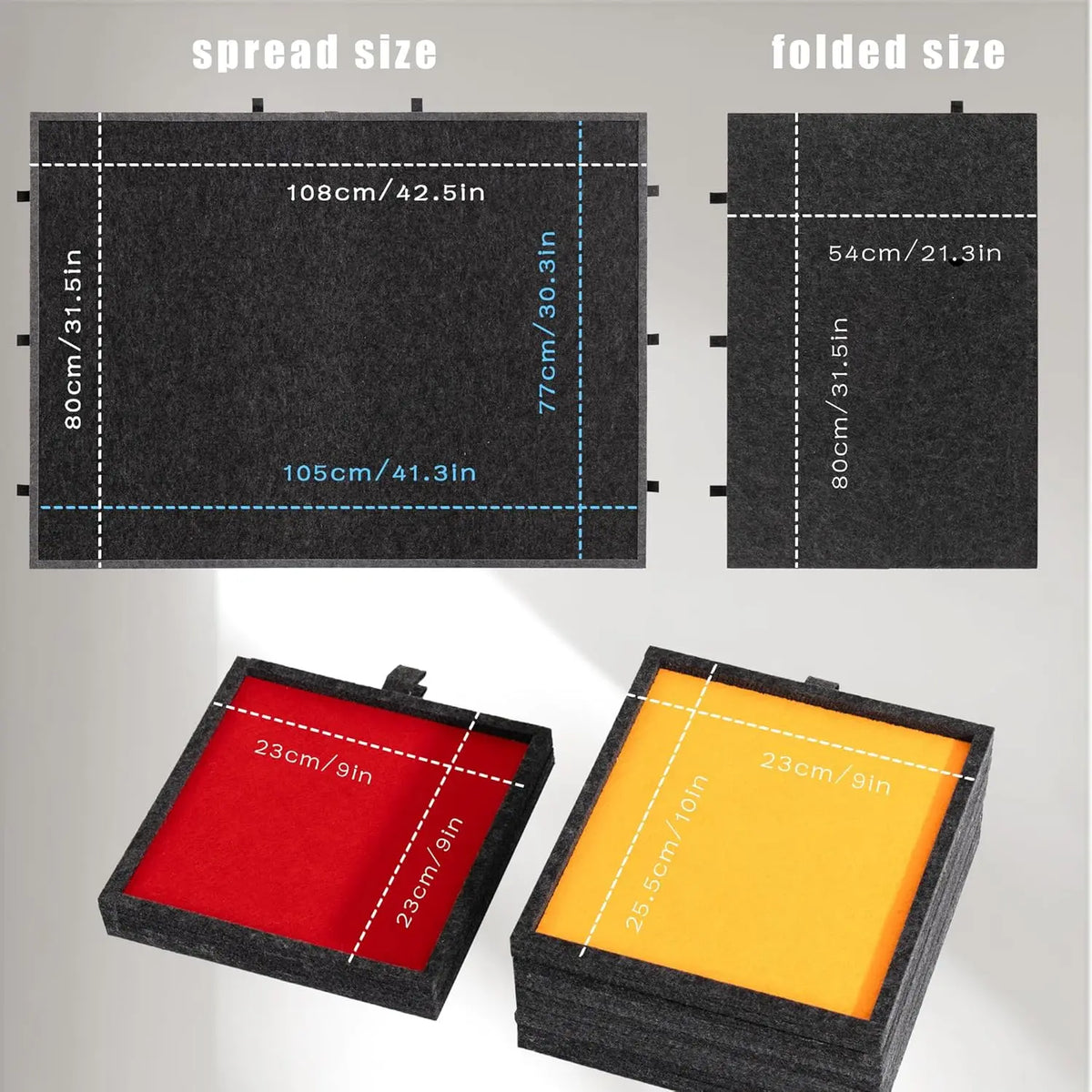 A tilting and foldable puzzle board shown in spread and folded sizes, with an open box view.