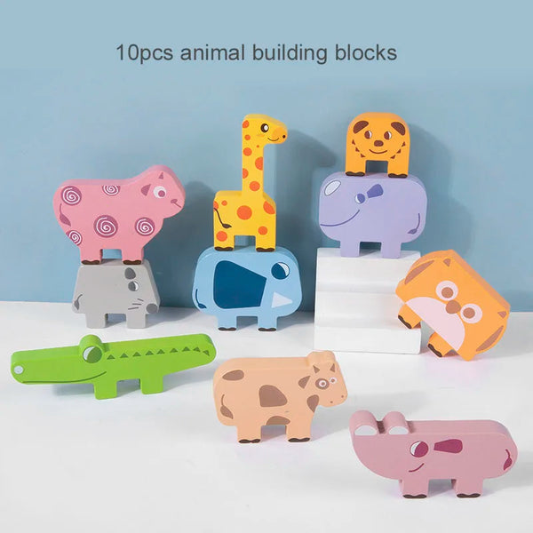 Ten colorful wooden animal building blocks including a giraffe, elephant, dinosaur, and others.