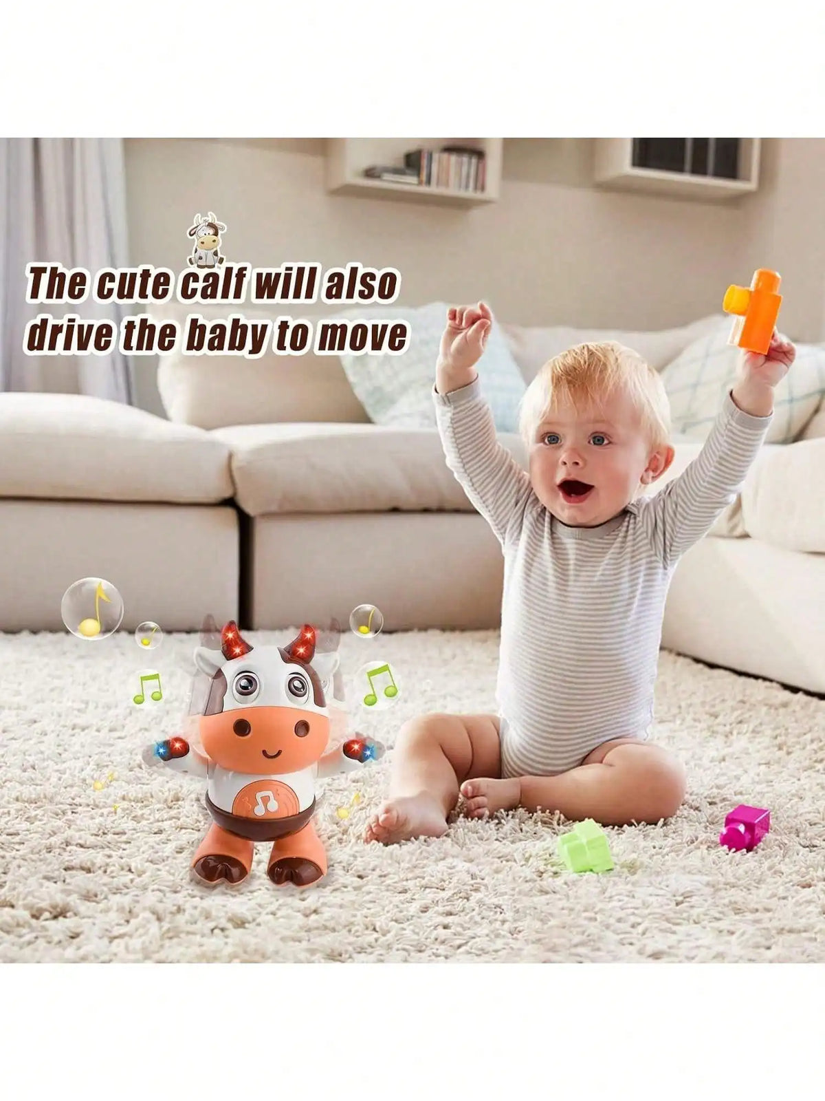 A baby is laughing while interacting with an orange toy and a plush cow toy on a white rug.