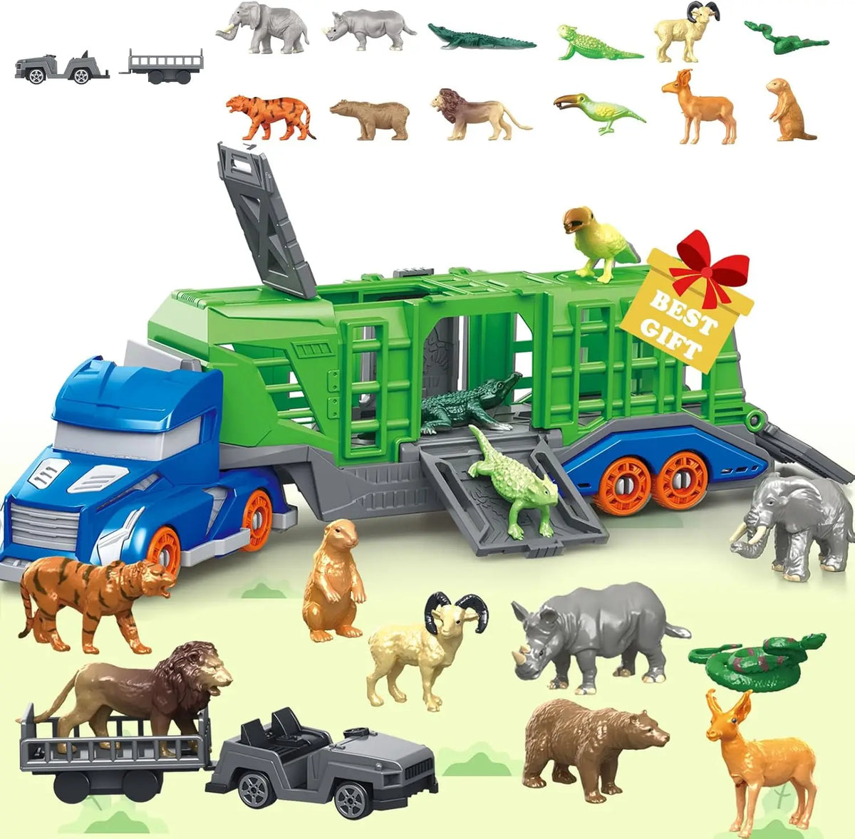Dinosaur Transport Truck Playset with 12 Figures and 2 Mini Cars