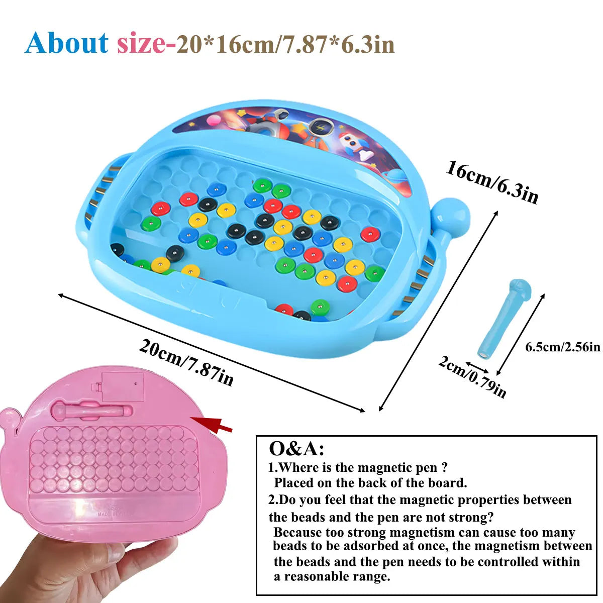 A blue magnetic doodle board for kids showing beads and a pen with size measurements.