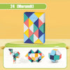 A colorful Morandi puzzle cube with various geometric shapes stacked vertically.