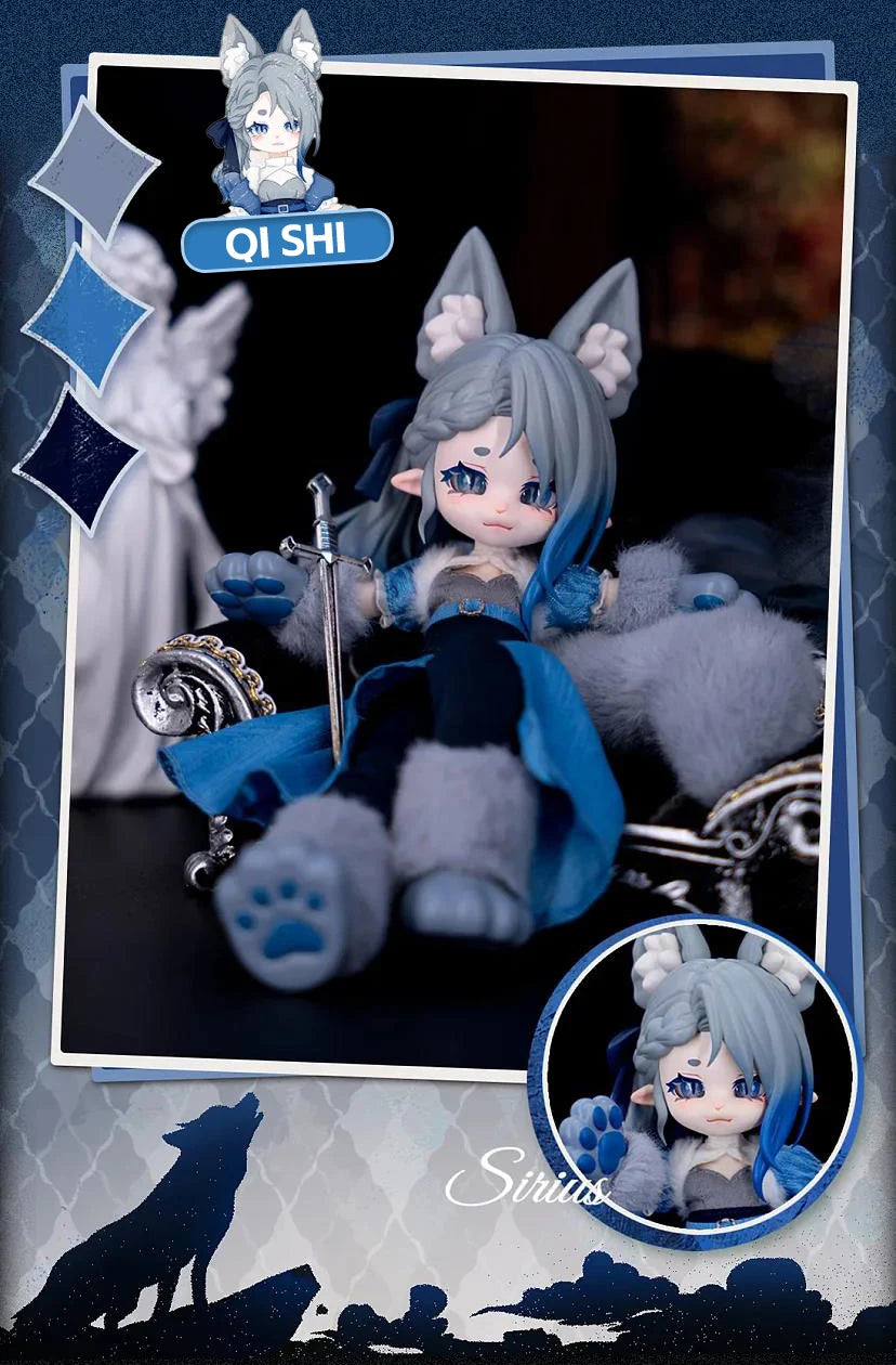 A 1/12 scale Lunar-themed posable doll blind box featuring a girl with gray hair and blue clothing.