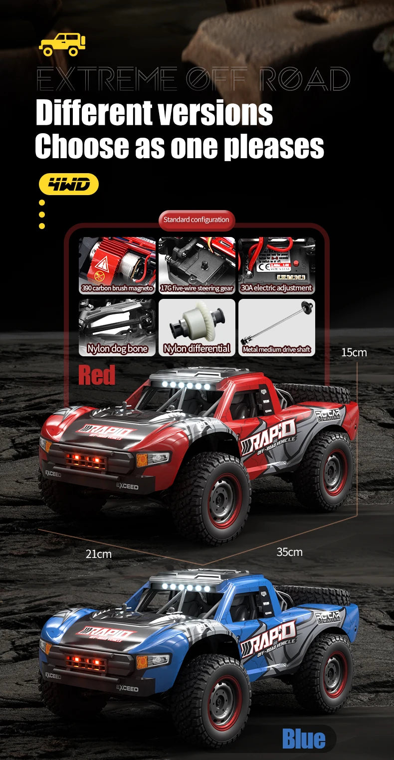 Red and blue Extreme Off Road 4WD RC monster trucks shown in detail with various components.