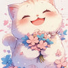 A fluffy white kitten is smiling and holding a bouquet of pink and blue flowers.