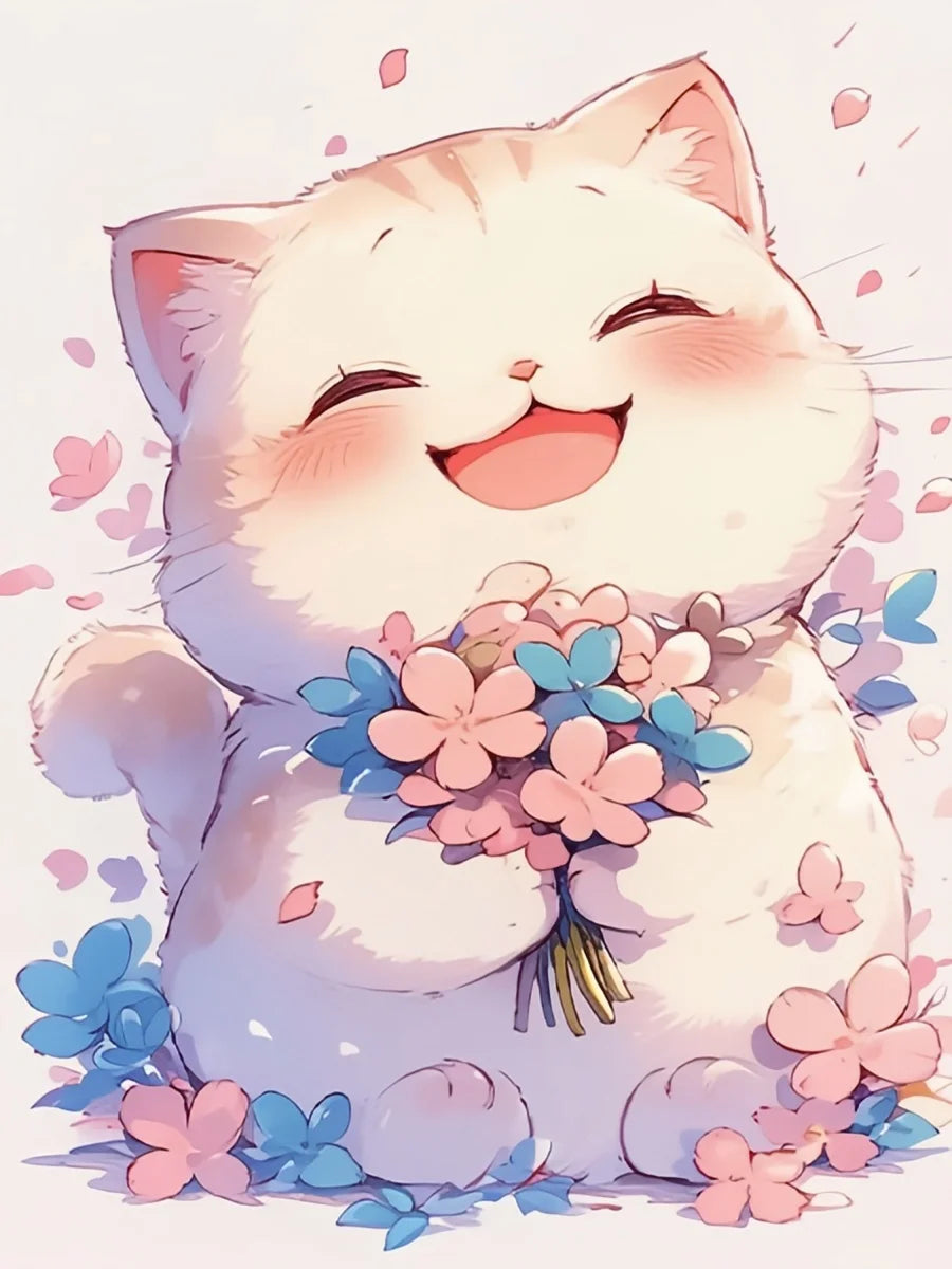A fluffy white kitten is smiling and holding a bouquet of pink and blue flowers.