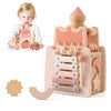 A young child is playing with a wooden rocket stacking toy that functions as a shape sorter.