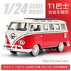 1/24 scale model of a red and white vintage bus, featuring pull-back action.