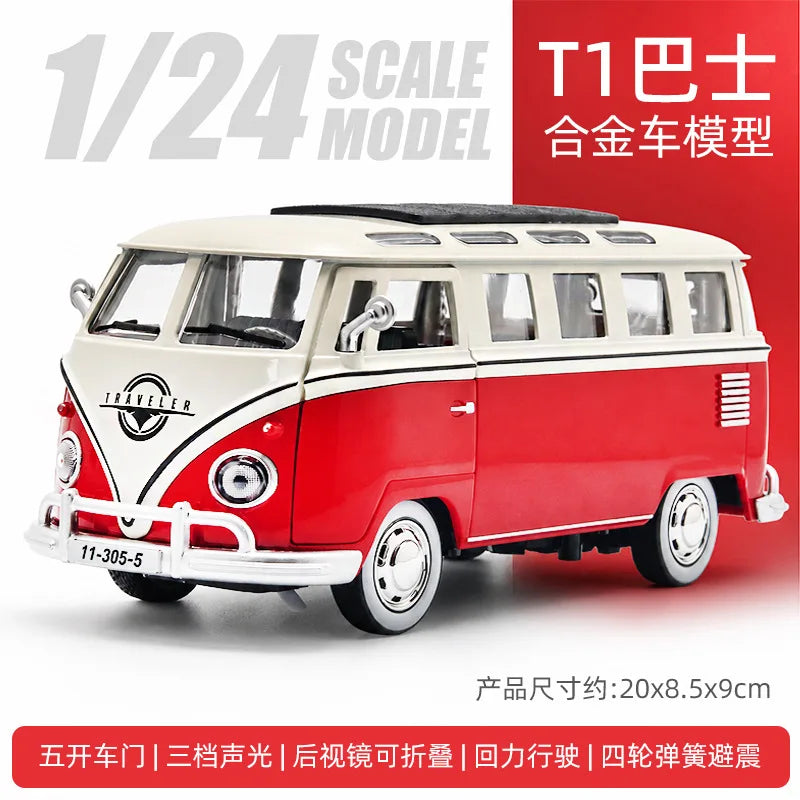 1/24 scale model of a red and white vintage bus, featuring pull-back action.