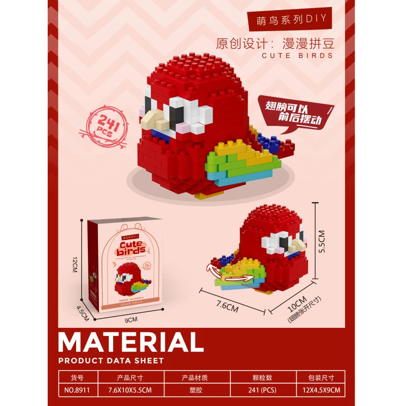 A red cute bird DIY set featuring 241 pieces of colorful building blocks and accessories.