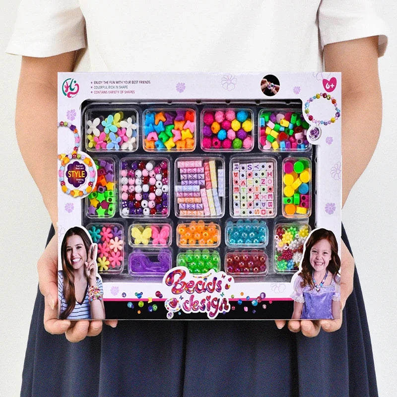 A box of colorful bead jewelry making kit with various colored beads and findings for kids