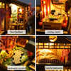 A collection of four images showing a tea pavilion, living room, and colorful bedrooms inside a wooden dollhouse.