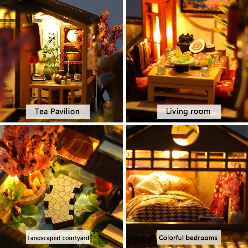A collection of four images showing a tea pavilion, living room, and colorful bedrooms inside a wooden dollhouse.