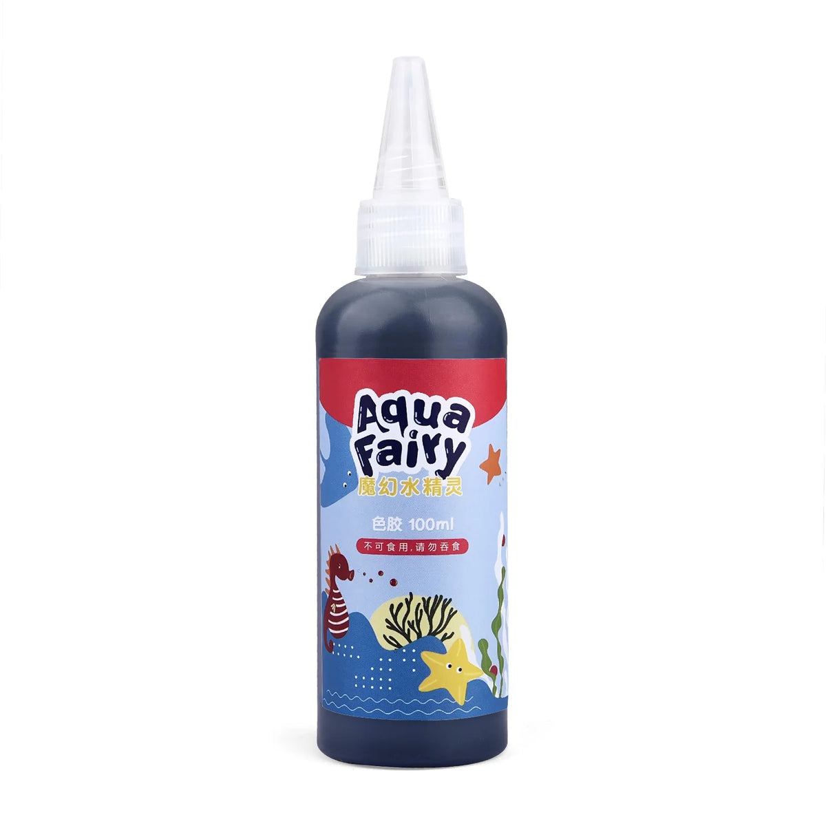 A bottle of Aqua Fairy Magic Water Elf DIY Craft Kit for Kids liquid in a dark blue plastic container.