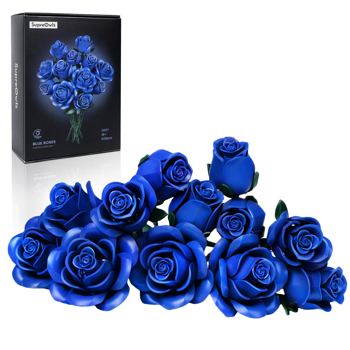 A bouquet of realistic blue roses in a black box set.