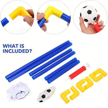 A portable soccer goal set includes a yellow goal, blue pump, soccer ball, and a white soccer net.