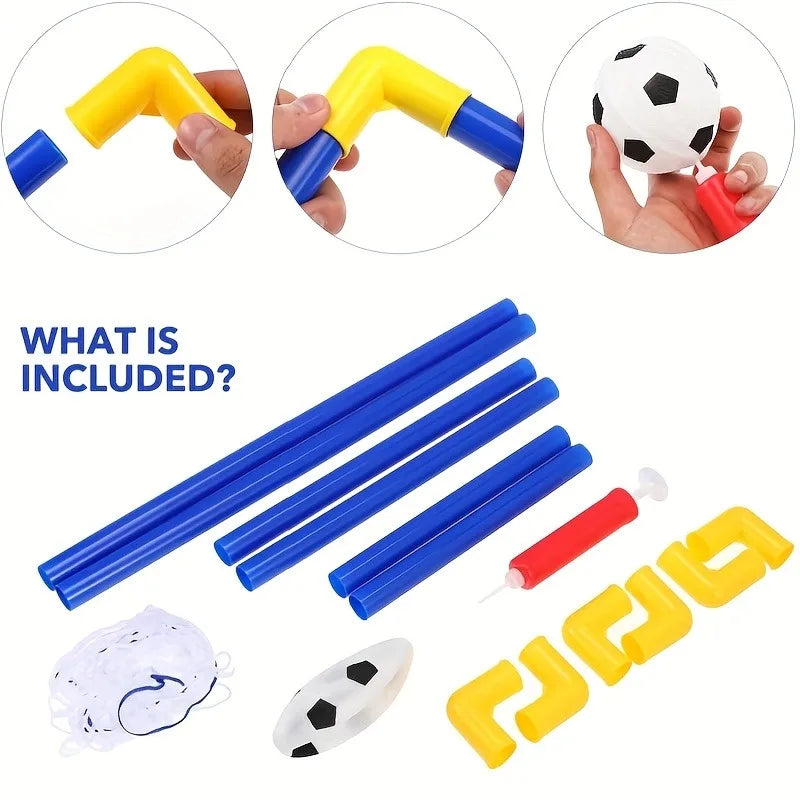A portable soccer goal set includes a yellow goal, blue pump, soccer ball, and a white soccer net.