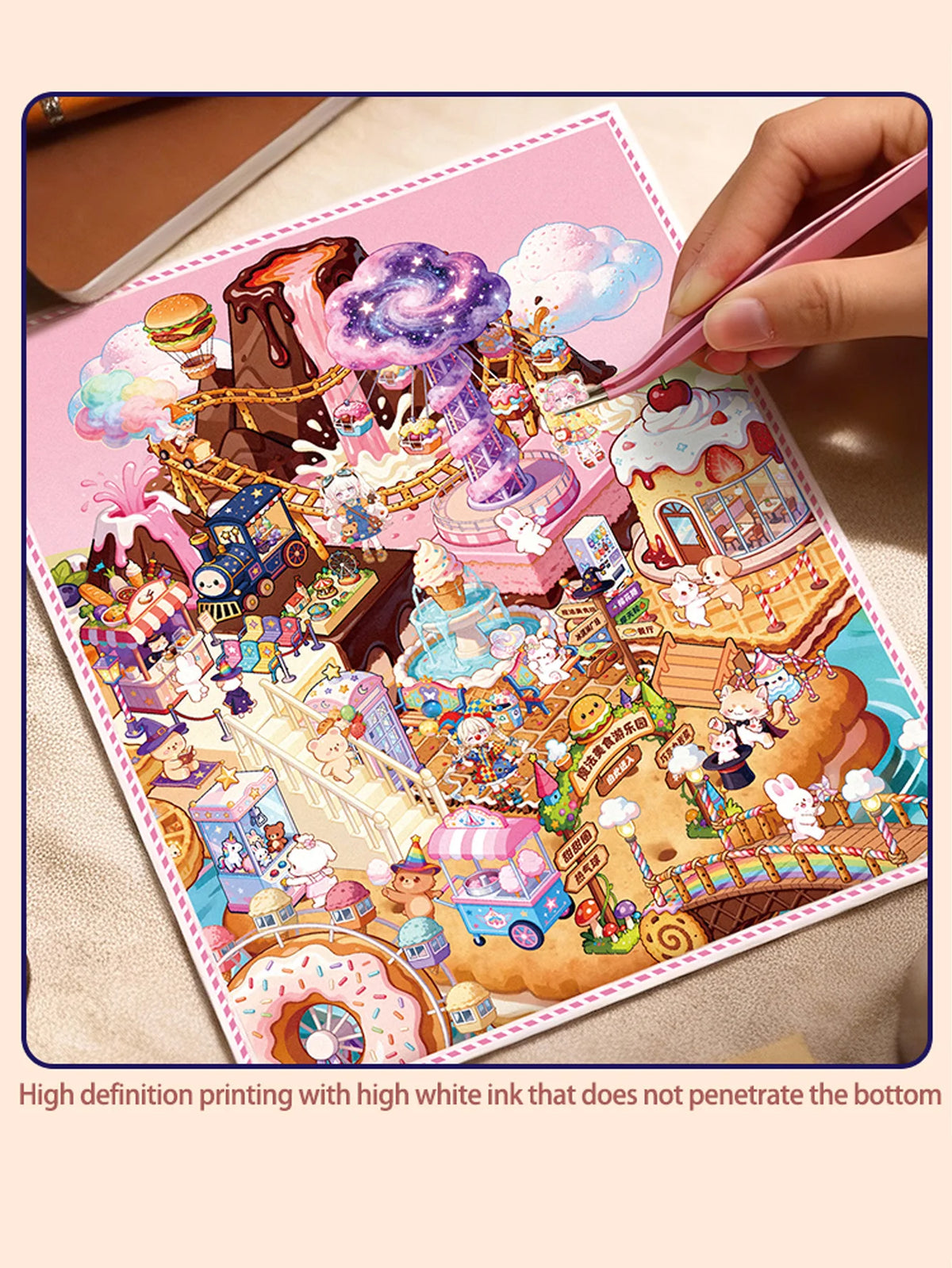 Colorful 3D stereoscopic scenery stickers for DIY journals featuring whimsical characters and fantasy landscapes