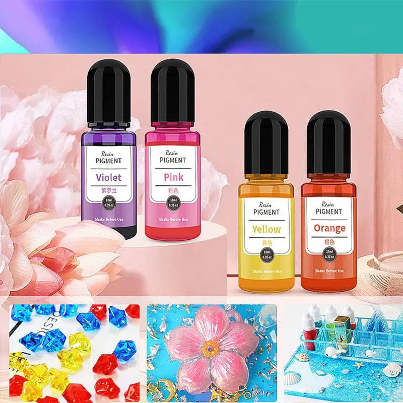 A set of 24-color alcohol ink pigments in various shades including violet, pink, yellow, and orange bottles for resin and jew