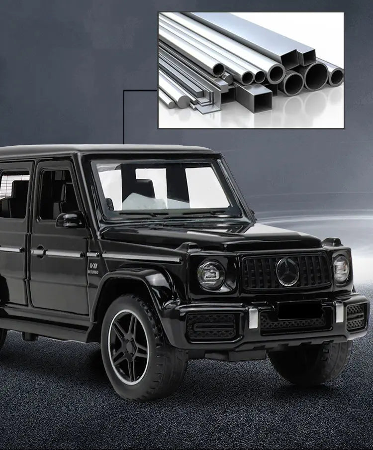A black diecast metal RV camper truck model is shown with a close-up view, next to a photo of metal pipes.