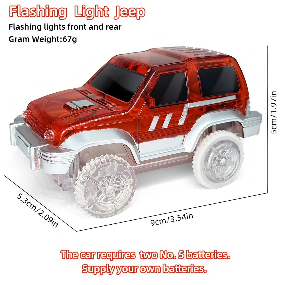 A small, orange flashing light jeep toy car with silver accents and a clear plastic body.