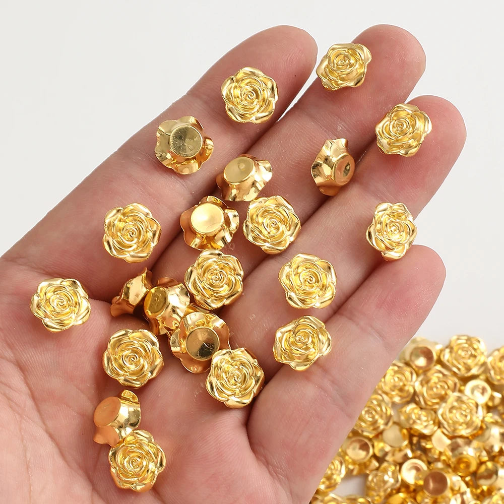 12mm Gold Rose Flower Resin Flat Back Beads for Jewelry Making (30-Pack)