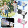 A collection of bubble guns and a close-up of a pink bubble gun being used outdoors.