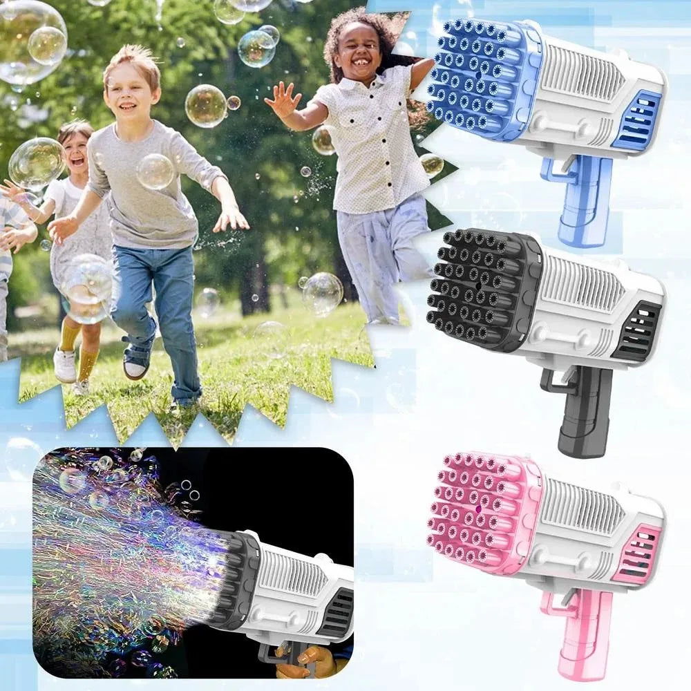 A collection of bubble guns and a close-up of a pink bubble gun being used outdoors.
