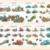 A collection of magnetic building tiles depicting various road, rail, and landscape scenes.