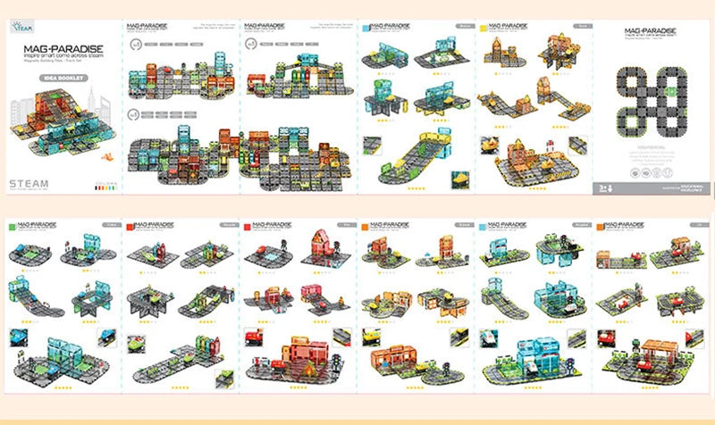 A collection of magnetic building tiles depicting various road, rail, and landscape scenes.