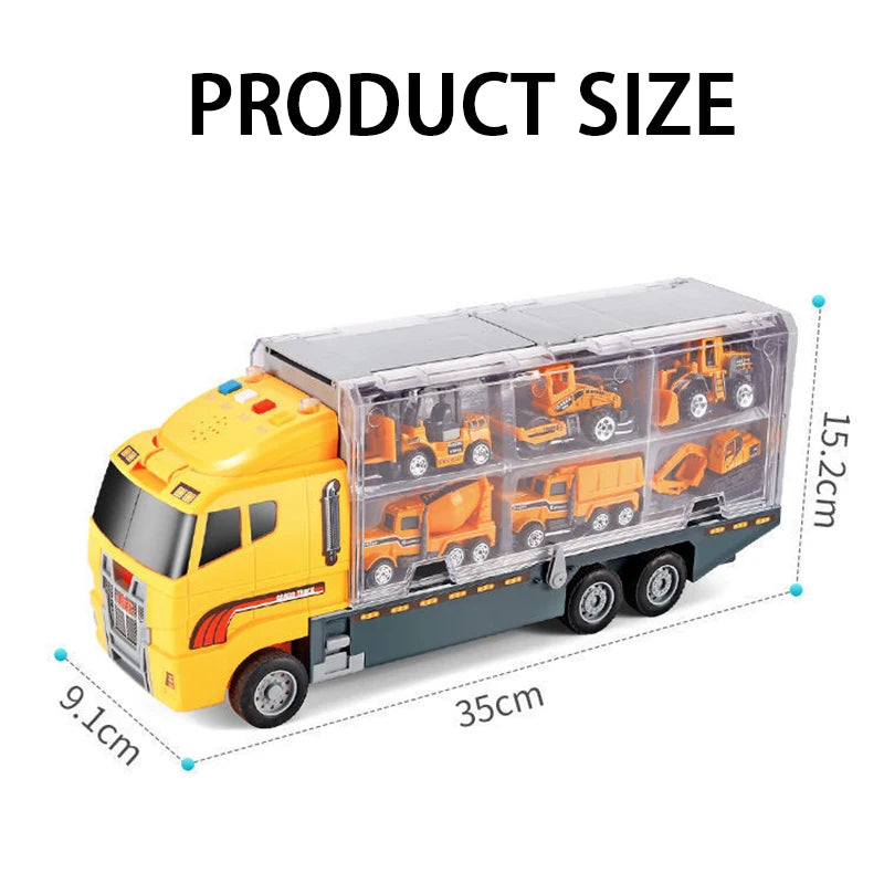Yellow die-cast construction truck set with transporter on a white background.