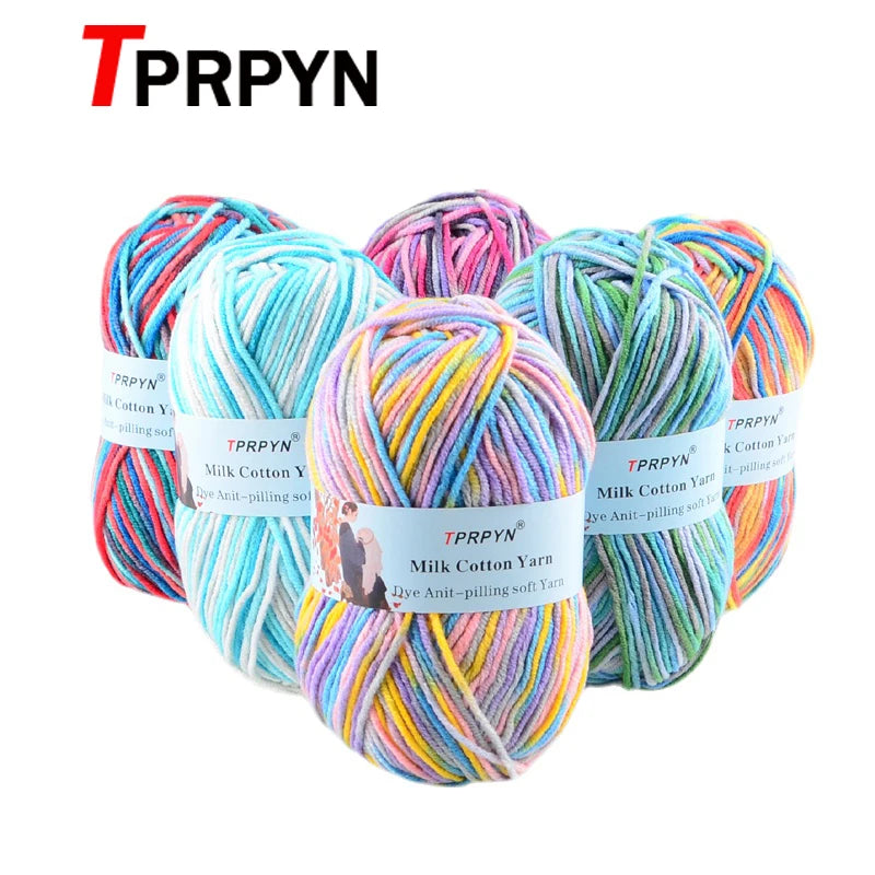 A collection of multicolored soft milk cotton yarn skeins for knitting and crochet