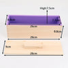 A silicone rectangle soap mold with a wooden box and lid, showing the dimensions of the mold and box.