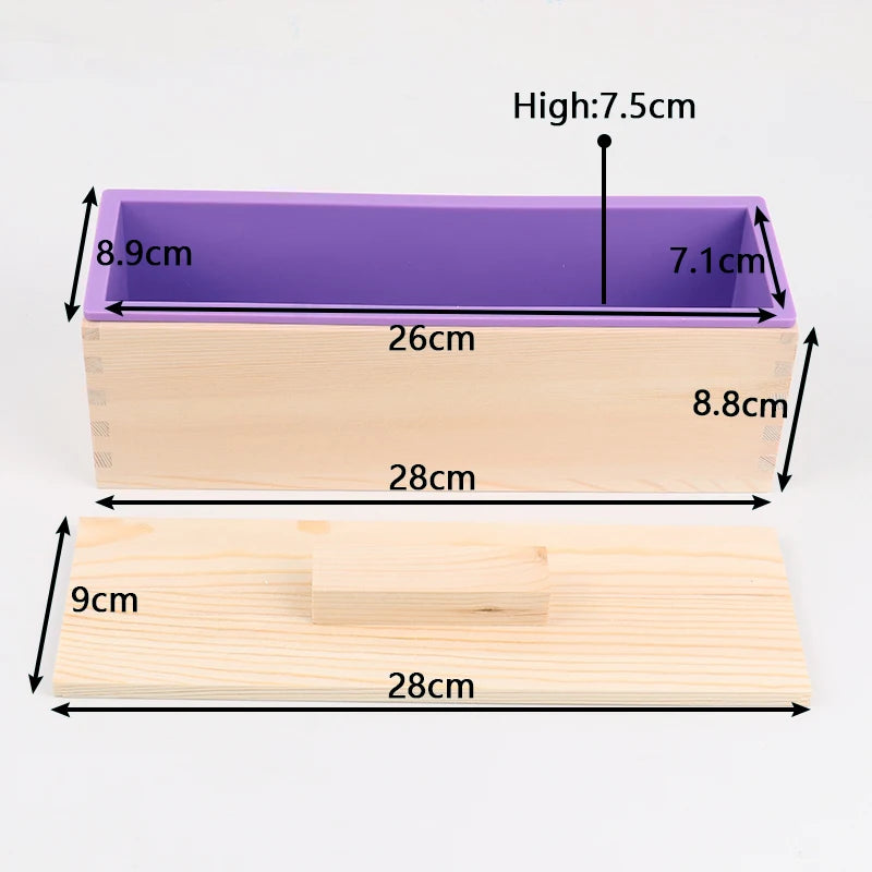 A silicone rectangle soap mold with a wooden box and lid, showing the dimensions of the mold and box.