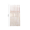 A set of seven aluminum crochet hooks with color-coded handles, varying in size from 2.0 to 5.0mm.