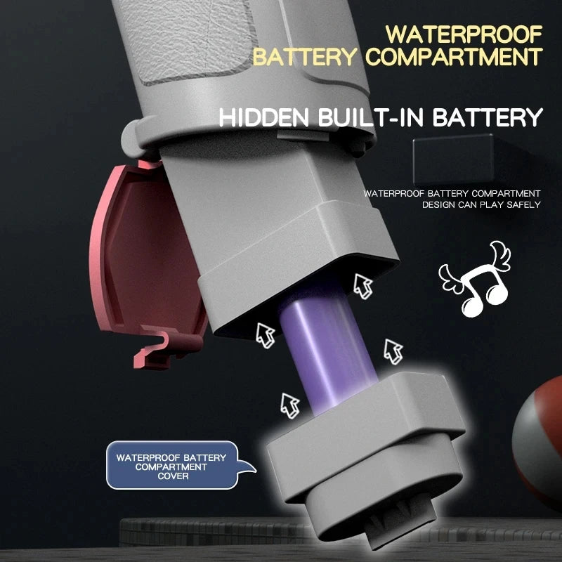 Close-up view of a water blaster with a waterproof battery compartment and hidden built-in battery.