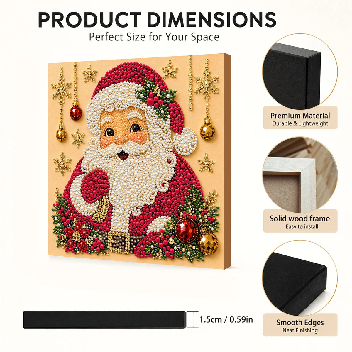 Framed Christmas Santa face made of red and white pearls on a wooden canvas with dimension guide.
