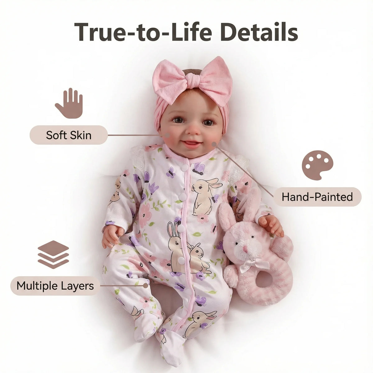 A realistic 18-inch reborn baby doll with soft skin, multiple layers, and hand-painted details.