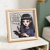 A framed illustration featuring a girl with dark hair and purple clothing, surrounded by spooky text.
