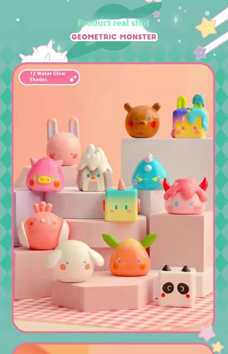 A collection of 12 water glow shades geometric monster mini bean blind box figures displayed on pink and white stands.