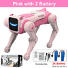 Pink Robot Dog toy with a battery, showing accessories and instructions.