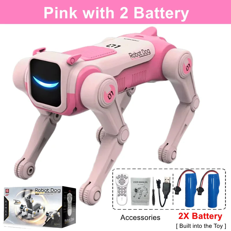 Pink Robot Dog toy with a battery, showing accessories and instructions.