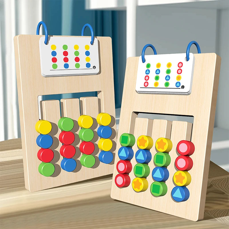 Two wooden color and shape matching games for kids showing various colored and shaped buttons.