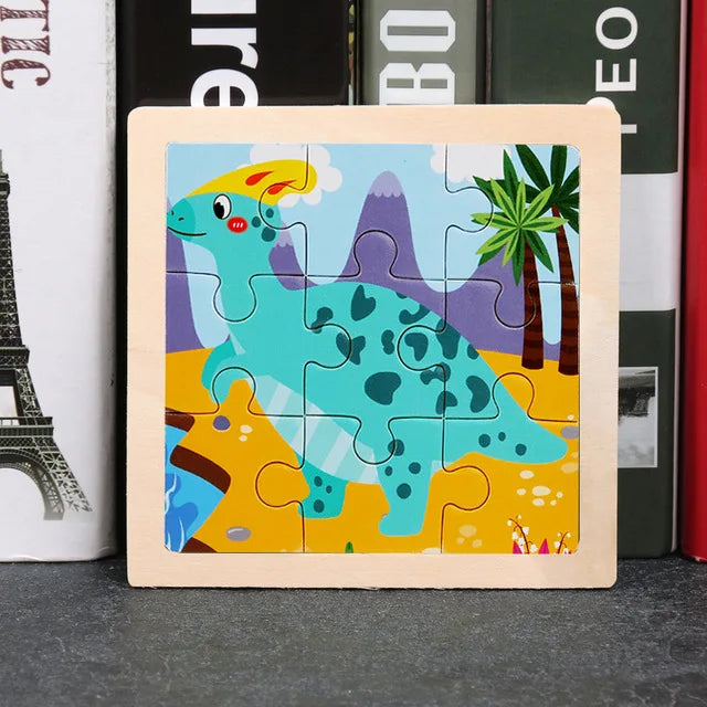 A wooden jigsaw puzzle featuring a teal dinosaur against a purple mountain landscape and palm trees.
