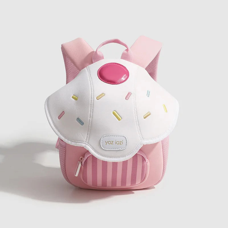 A pink mini backpack shaped like a mushroom for toddlers featuring a white body and pink ears.
