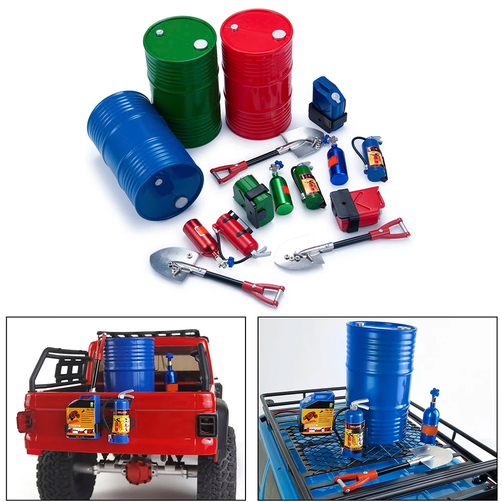 1/10 Scale RC Crawler Accessories - Shovel, Fire Extinguisher & Oil Drum Set