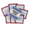 A set of red and blue family conversation starter cards with prompts like Pick a year from your life or Describe where you.
